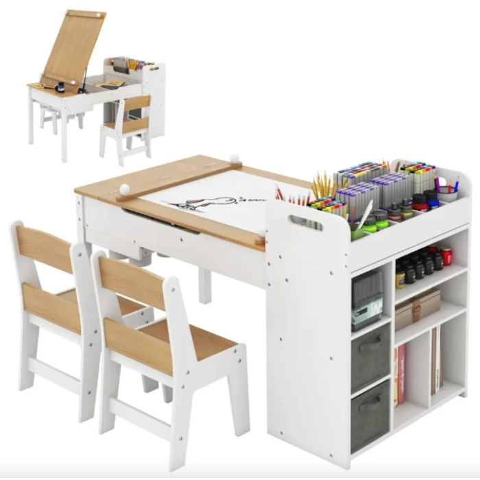 Дитячий набір Costway Fantastik 3 в 1: стіл, 2 стільці, мольберт натуральний