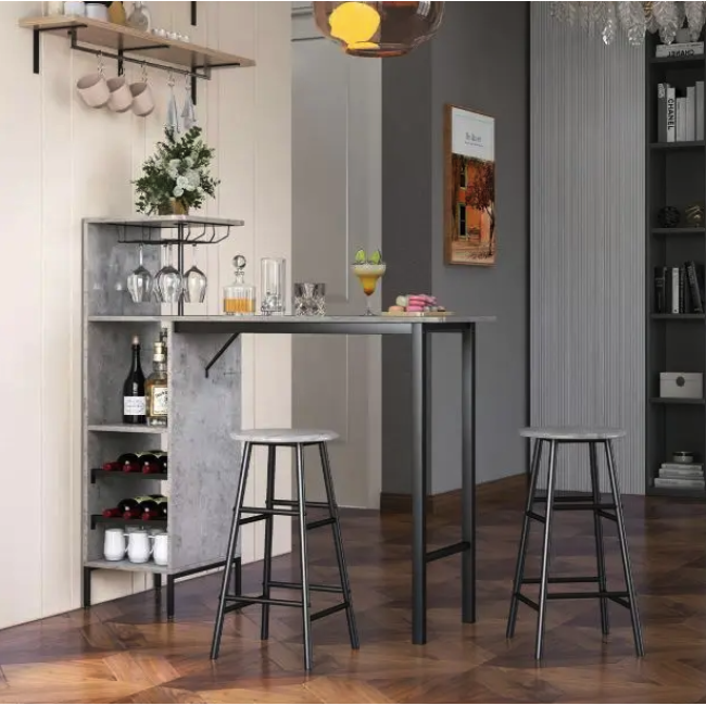 Барный стол со стульями Costway Bistro с держателем винных бокалов серый