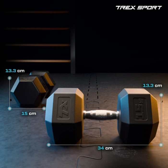 Гантеля шестигранная прорезиненная TX-150RD Trex Sport 15кг