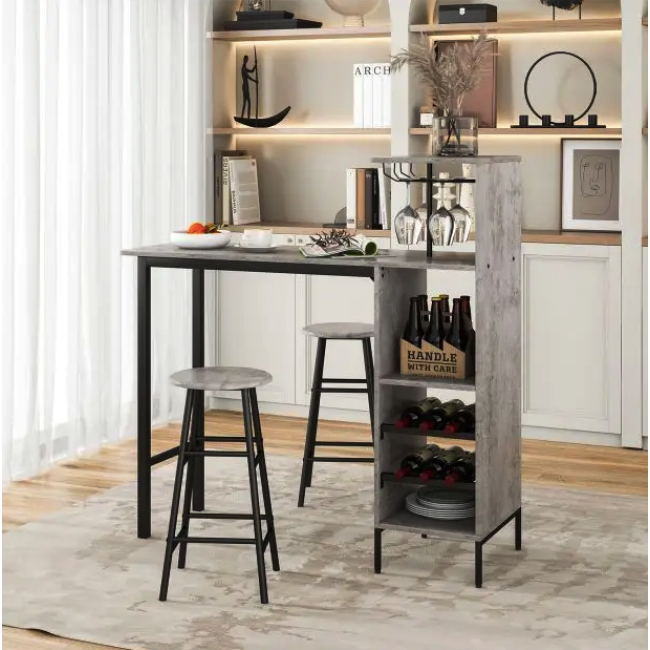 Барный стол со стульями Costway Bistro с держателем винных бокалов серый