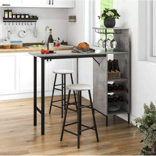 Барный стол со стульями Costway Bistro с держателем винных бокалов серый