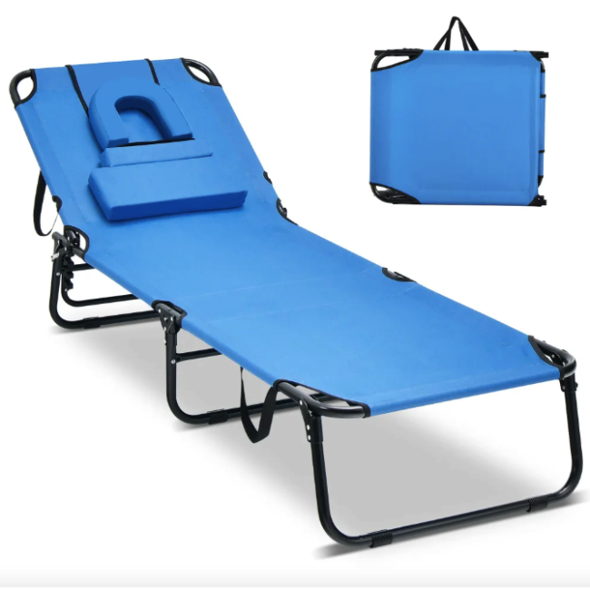 Шезлонг Costway Hanna раскладной с отверстием для лица голубой