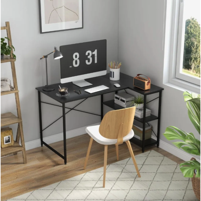 Компьютерный стол Costway Adler L-образный с полками в стиле Loft черный