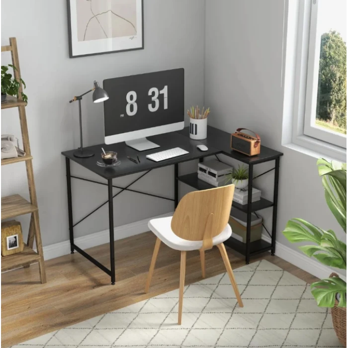 Компьютерный стол Costway Adler L-образный с полками в стиле Loft черный