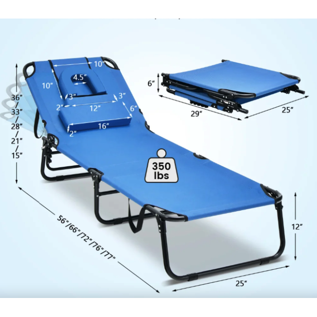 Шезлонг Costway Hanna раскладной с отверстием для лица голубой