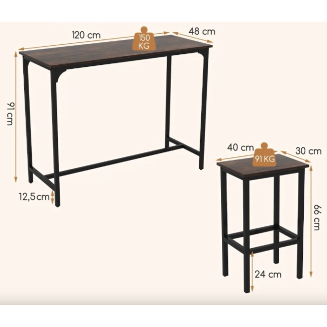 Барный стол и 2 барных стула Costway Hoobro в стиле Loft