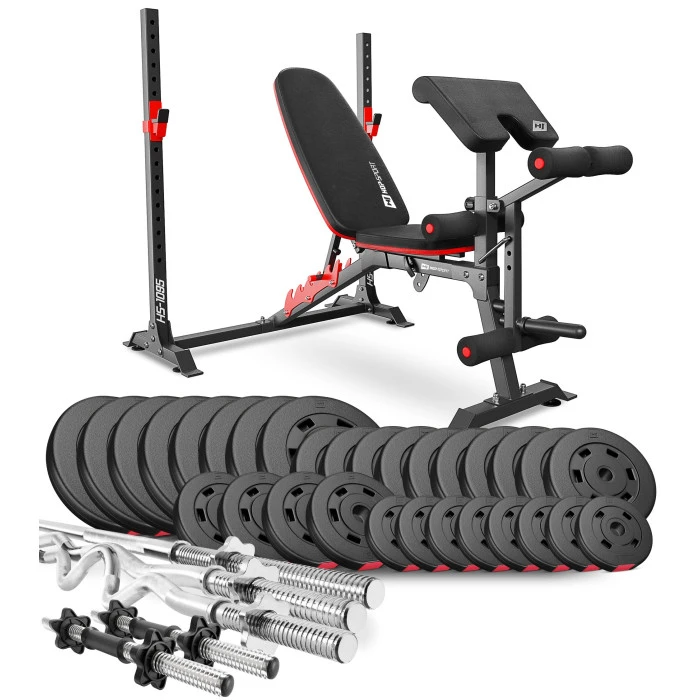 Набор Hop-Sport Premium 173кг со скамьей HS-1095, штангами и гантелями.