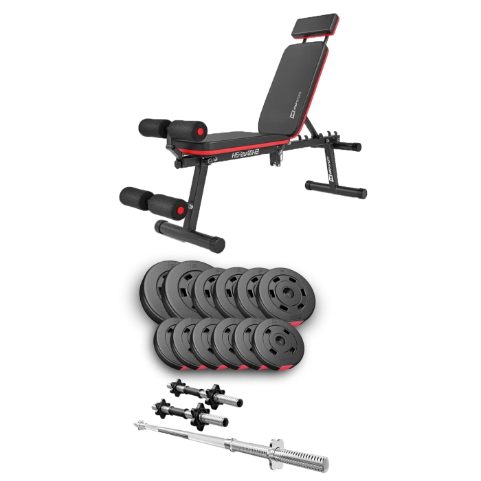 Набор Hop-Sport Premium 38кг со скамьей HS-2040 HB, штангой и гантелями.