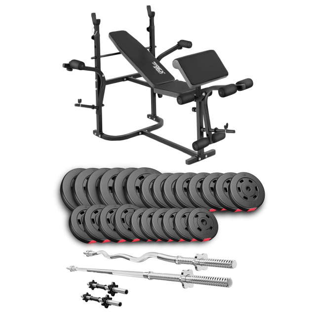 Набор Hop-Sport Premium 135кг со скамьей TX-020, штангами и гантелями.