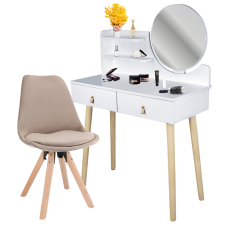 Туалетный столик Jumi Scandi с зеркалом (кожаные ручки) белый + стул Saida бежевый