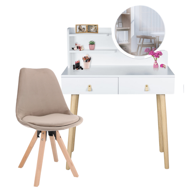 Туалетный столик Jumi Scandi с зеркалом (кожаные ручки) белый + стул Saida бежевый