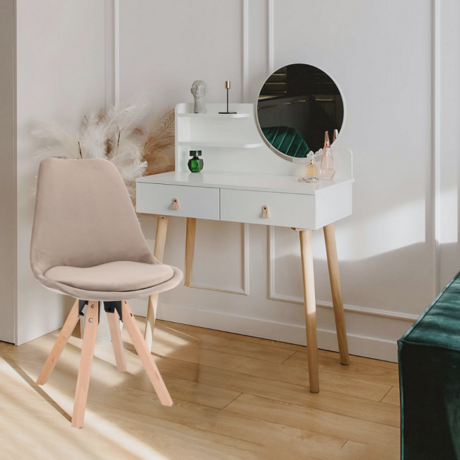 Туалетный столик Jumi Scandi с зеркалом (кожаные ручки) белый + стул Saida бежевый