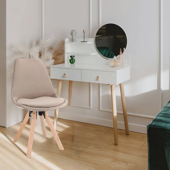 Туалетный столик Jumi Scandi с зеркалом (кожаные ручки) белый + стул Saida бежевый