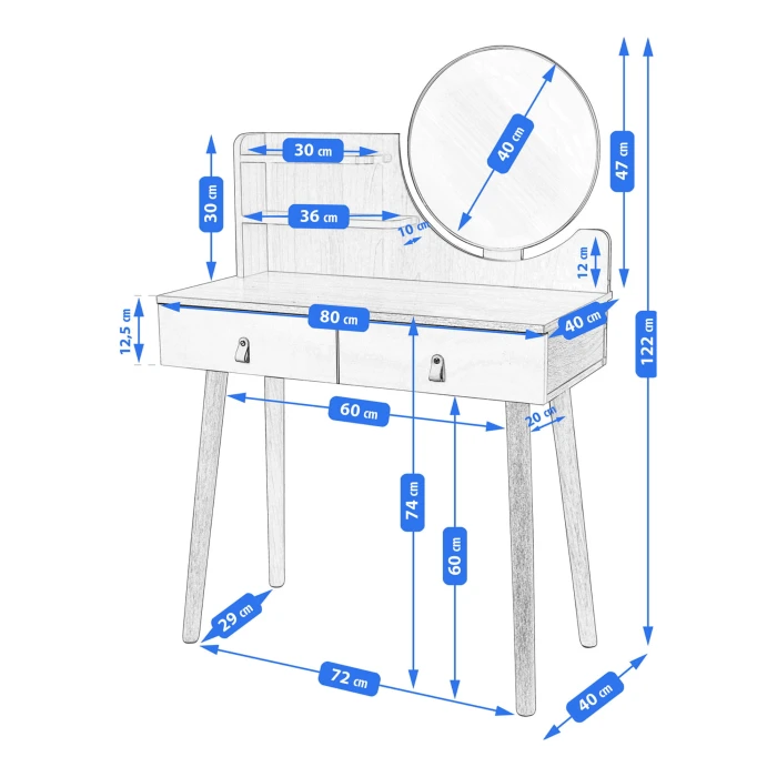 Туалетний столик Jumi Scandi з шухлядами, шкіряні ручки, білий