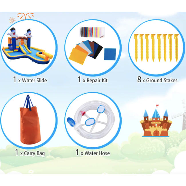 Парк з водними гірками Costway Dolphins 7-в-1 з басейном і водометом