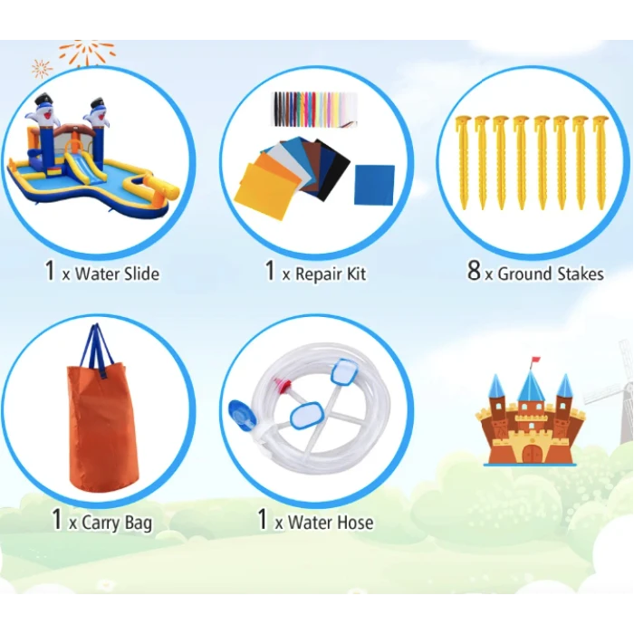 Парк с водными горками Costway Dolphins 7-в-1 с бассейном и водометом