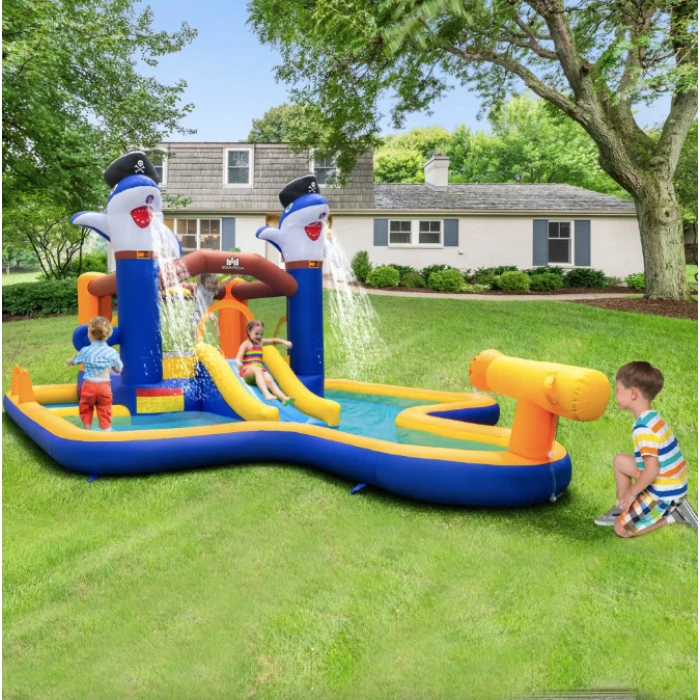 Парк с водными горками Costway Dolphins 7-в-1 с бассейном и водометом