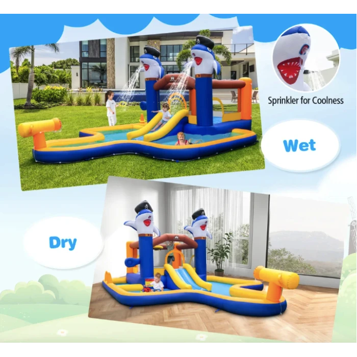 Парк с водными горками Costway Dolphins 7-в-1 с бассейном и водометом