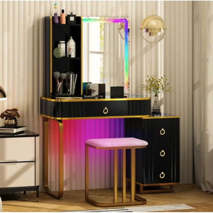 Туалетний столик Costway Vicci з пуфом + дзеркало LED чорний