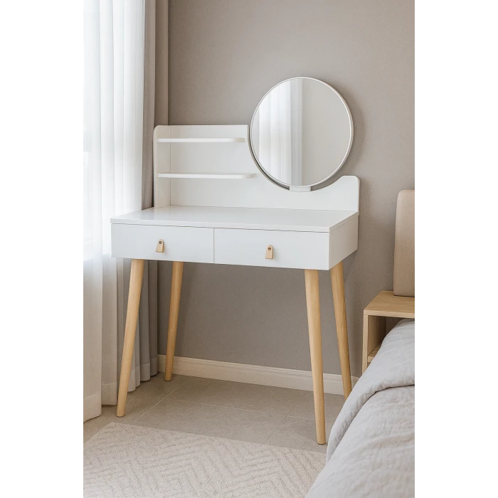 Туалетний столик Jumi Scandi з шухлядами, шкіряні ручки, білий