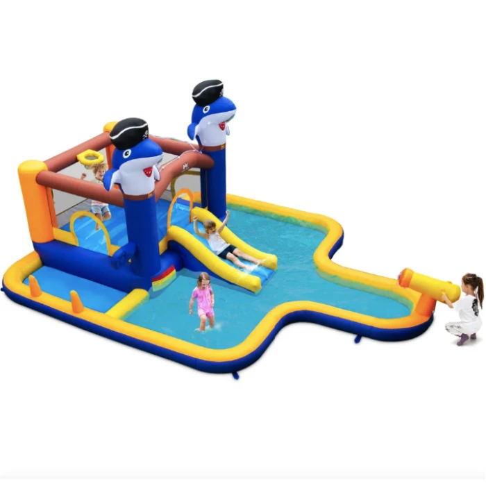 Парк с водными горками Costway Dolphins 7-в-1 с бассейном и водометом