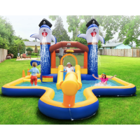 Парк с водными горками Costway Dolphins 7-в-1 с бассейном и водометом