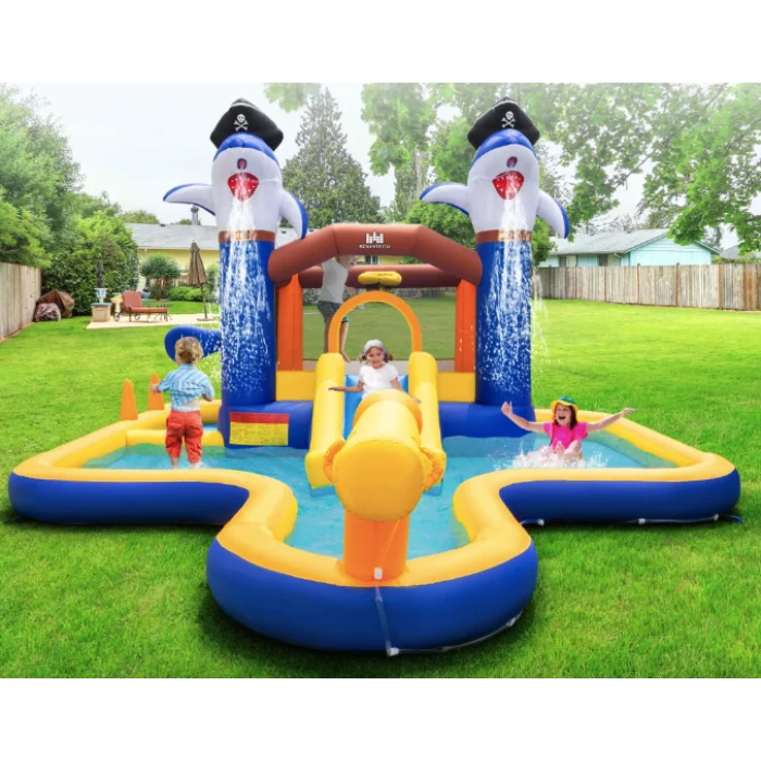 Парк с водными горками Costway Dolphins 7-в-1 с бассейном и водометом