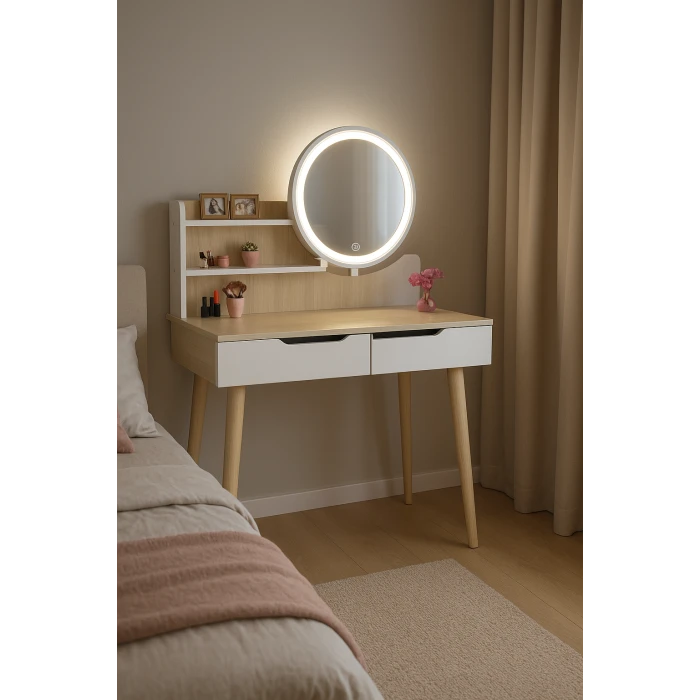 Туалетный столик Jumi Scandi LED подсветка, с ящиками, светлый бук
