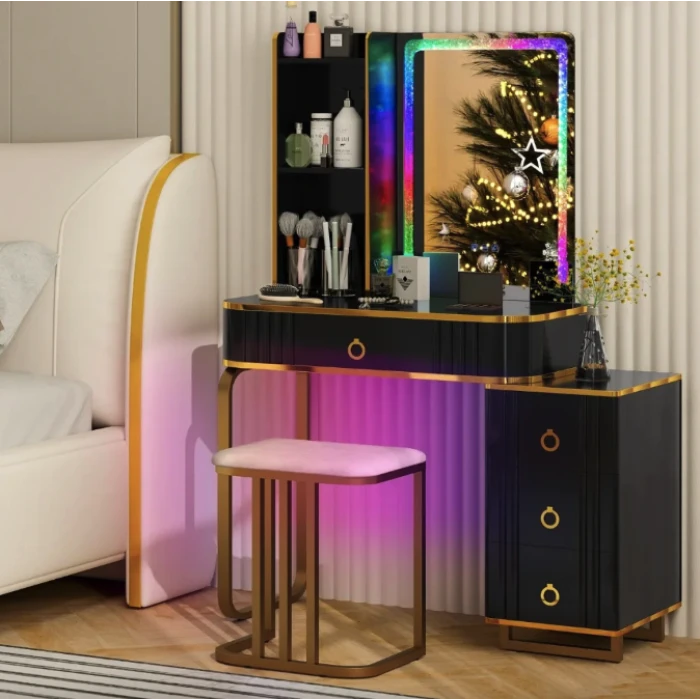 Туалетний столик Costway Vicci з пуфом + дзеркало LED чорний