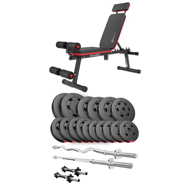 Набор Hop-Sport Premium 75кг со скамьей HS-2040 HB, штангами и гантелями.
