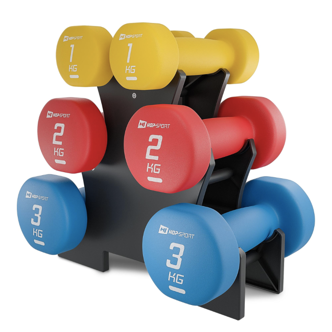 Набор круглых фитнес гантелей HS-V120DRS с подставкой 12кг разноцветные.