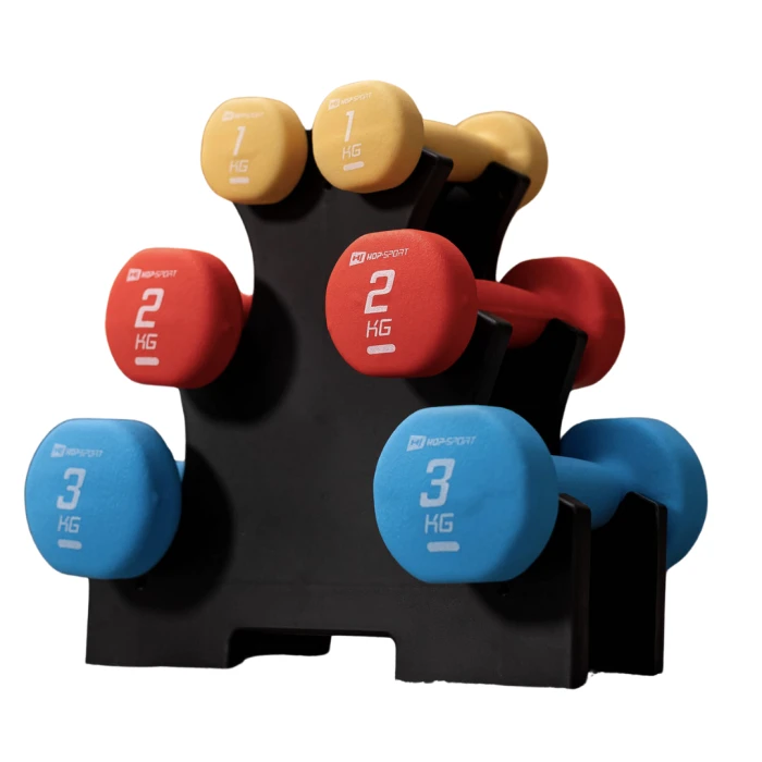 Набор круглых фитнес гантелей HS-V120DRS с подставкой 12кг разноцветные.