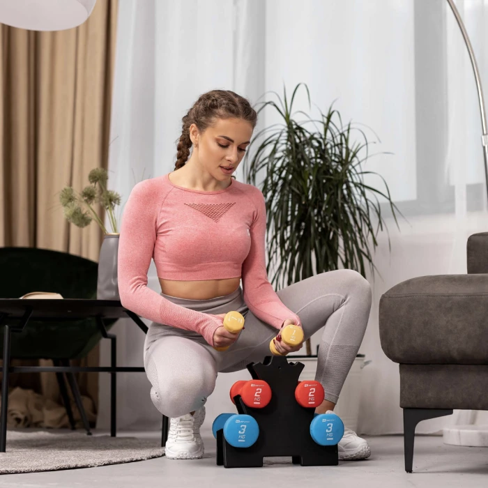 Набор круглых фитнес гантелей HS-V120DRS с подставкой 12кг разноцветные.