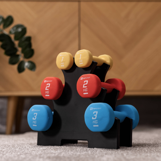 Набор круглых фитнес гантелей HS-V120DRS с подставкой 12кг разноцветные.