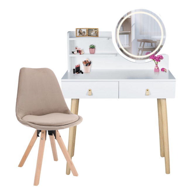 Туалетний столик Jumi Scandi LED + крісло Saida бежевий (шкіряні ручки)