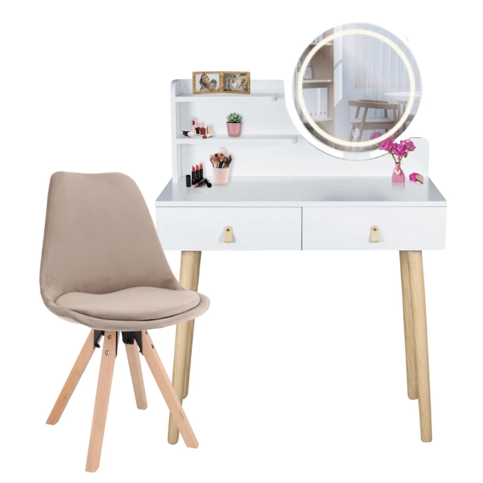 Туалетний столик Jumi Scandi LED + крісло Saida бежевий (шкіряні ручки)