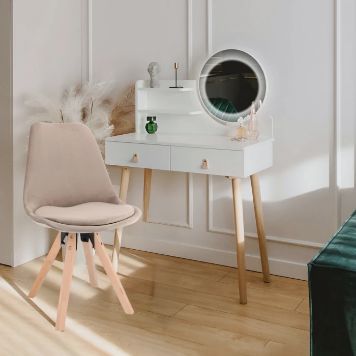 Туалетний столик Jumi Scandi LED + крісло Saida бежевий (шкіряні ручки)