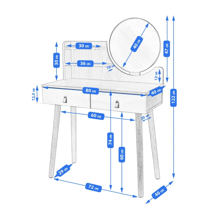 Туалетний столик Jumi Scandi з шухлядами, шкіряні ручки, світлий бук