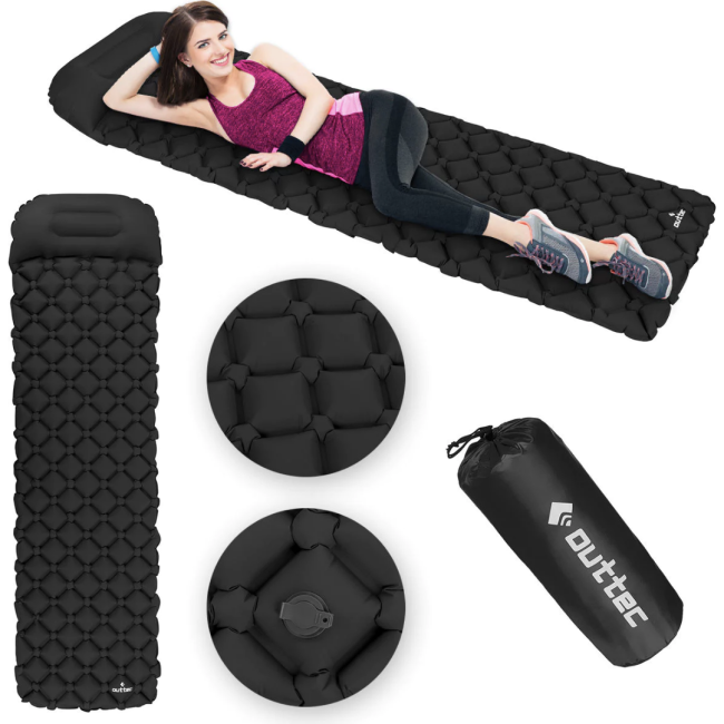 Надувной коврик Outtec 195х55х5см с подушкой черный.