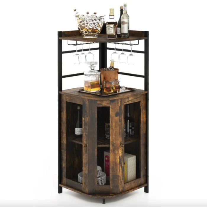 Стеллаж Costway Marvo барный с держателем бокалов в стиле Loft коричневый