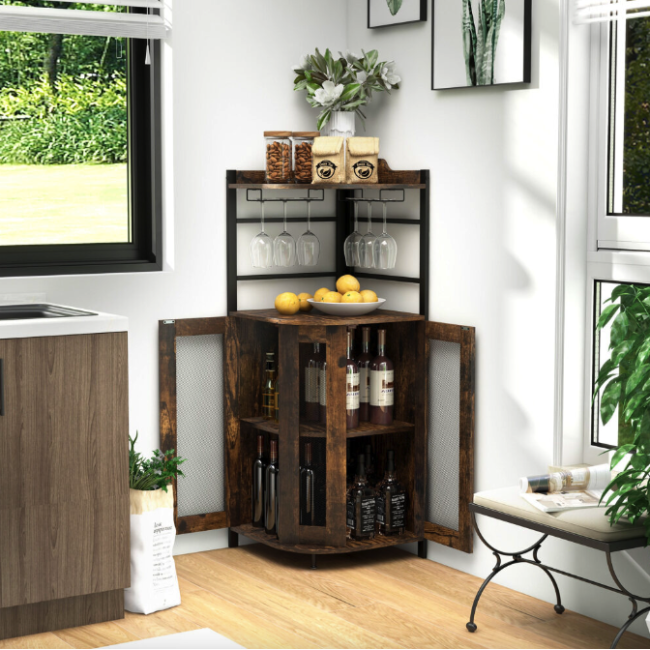 Стеллаж Costway Marvo барный с держателем бокалов в стиле Loft коричневый