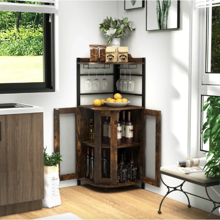 Стеллаж Costway Marvo барный с держателем бокалов в стиле Loft коричневый