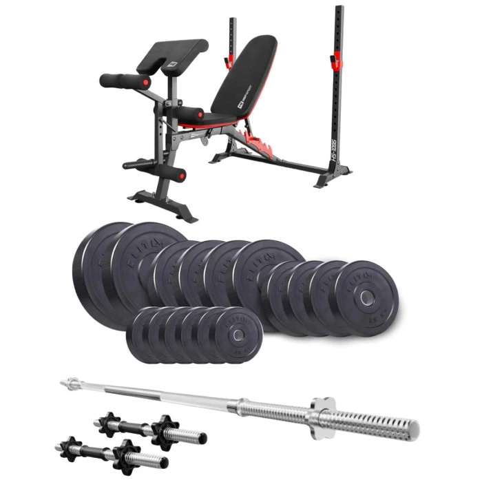 Набор Elitum Titan 69кг со скамьей HS-1095, штангой и гантелями.