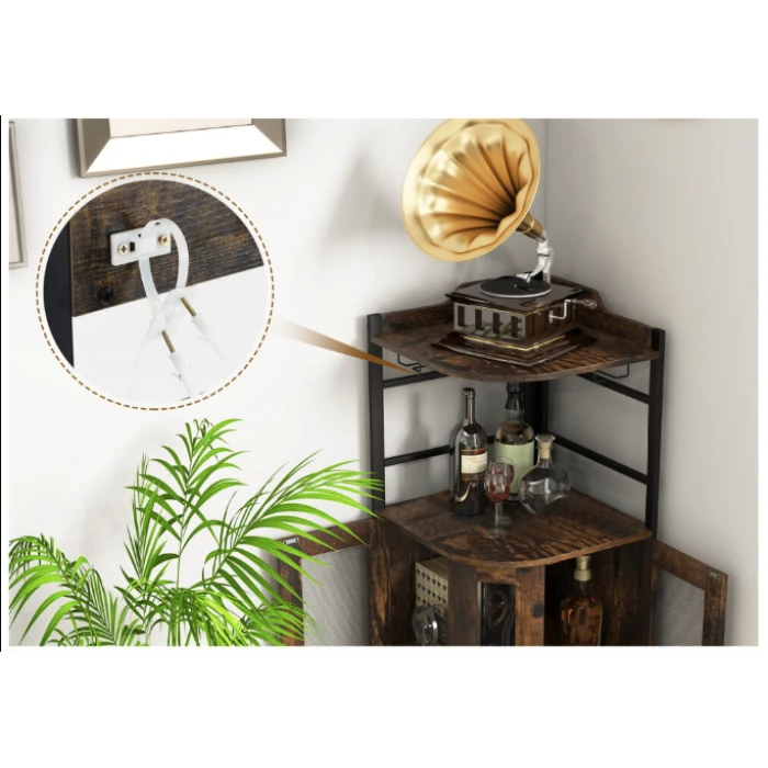 Стеллаж Costway Marvo барный с держателем бокалов в стиле Loft коричневый