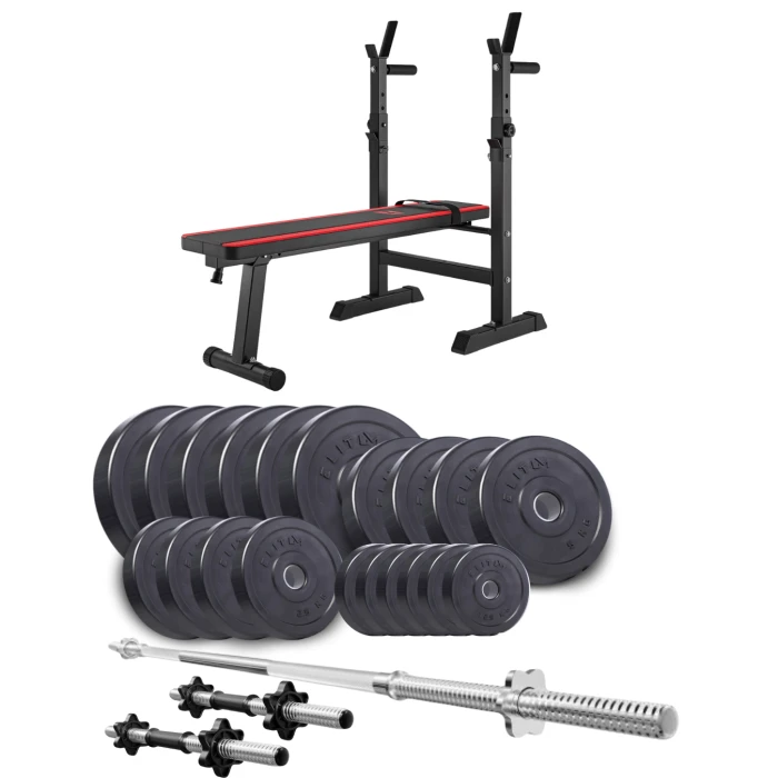 Набор Elitum Titan 109кг со скамьей HS-1080, штангой и гантелями.