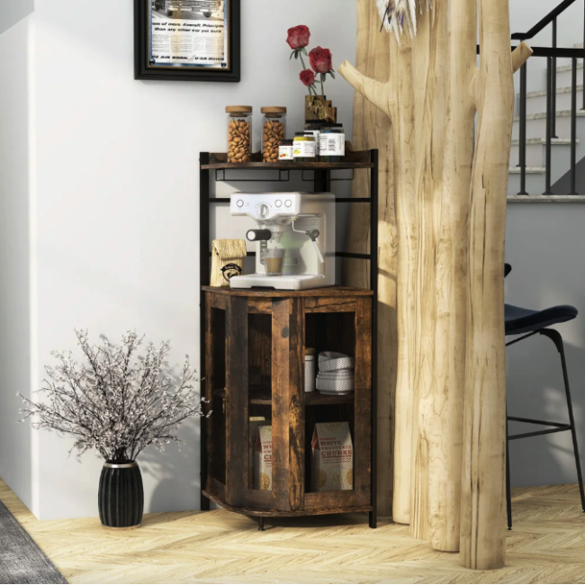 Стеллаж Costway Marvo барный с держателем бокалов в стиле Loft коричневый