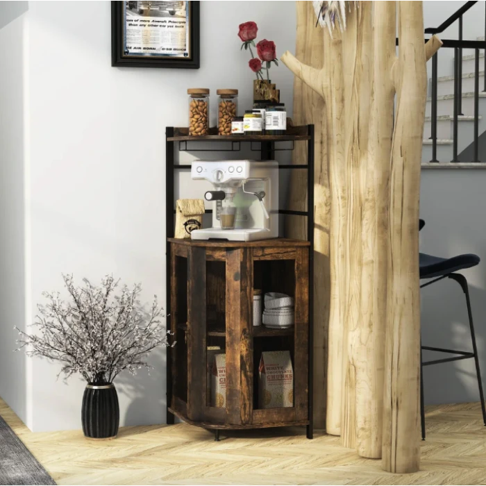 Стеллаж Costway Marvo барный с держателем бокалов в стиле Loft коричневый