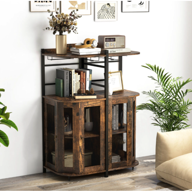 Стеллаж Costway Marvo барный с держателем бокалов в стиле Loft коричневый