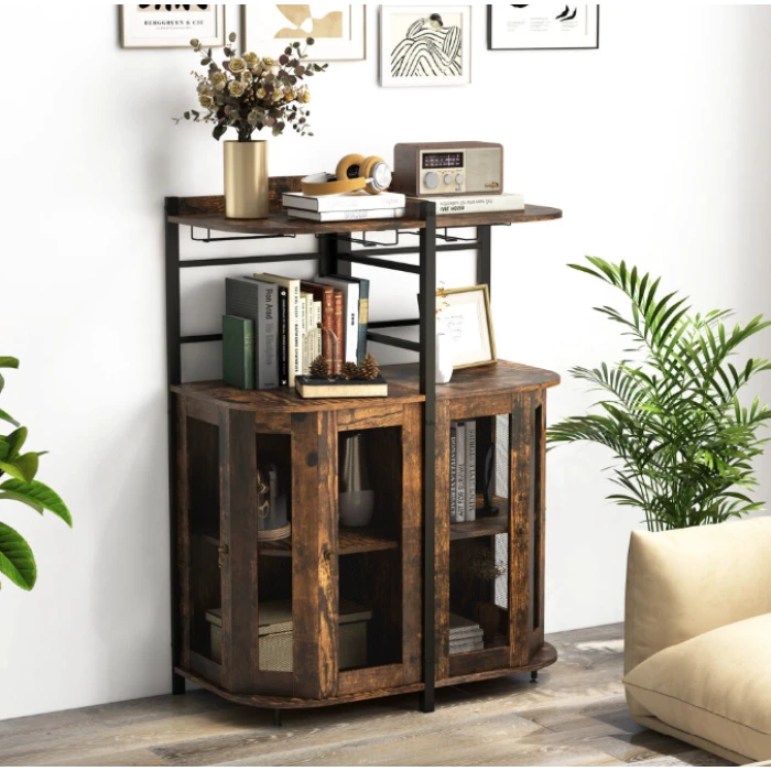 Стеллаж Costway Marvo барный с держателем бокалов в стиле Loft коричневый