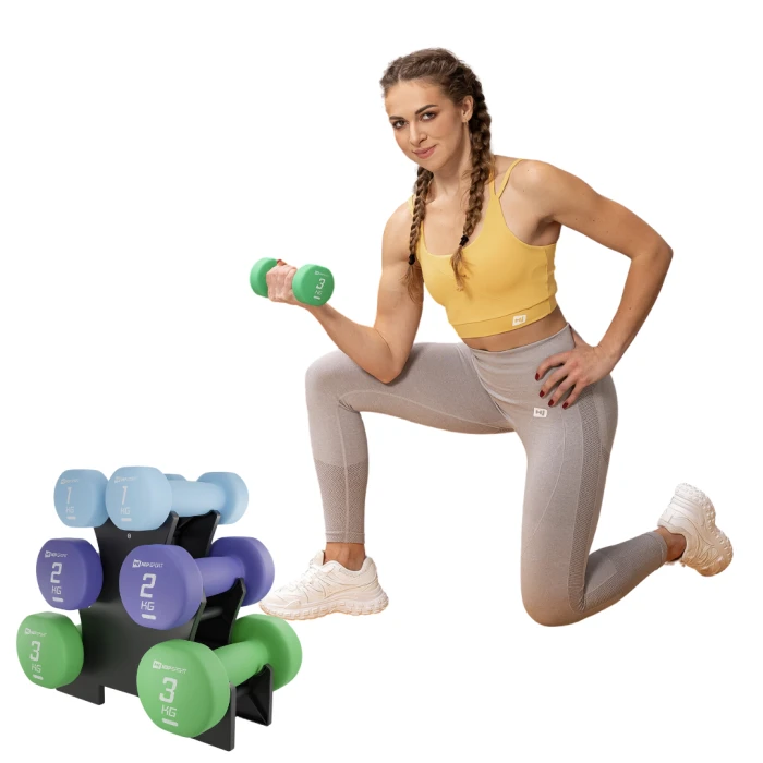 Набор круглых фитнес гантелей HS-V121DRS с подставкой 12кг разноцветные.